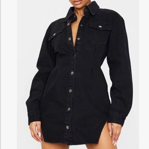 Washed Black Cinched Waist Long Sleeve Denim Dress by prettylittlething